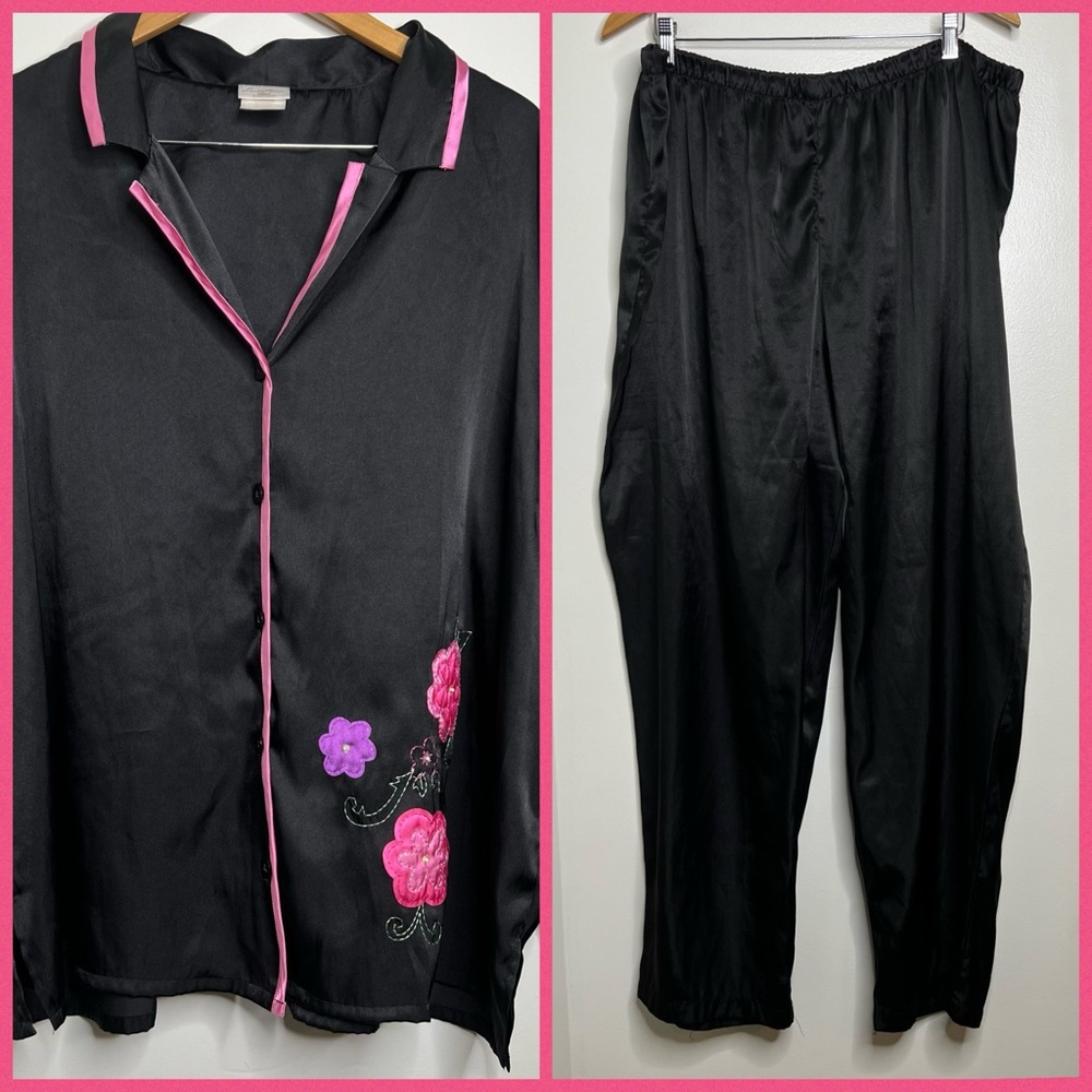 Secret Treasures Black Satin Pajama Set with Pink Floral Trim